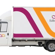 white panel truck with large graphic of Edible Economy logo close-cropped to fill one side.