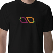 model in black t-shirt with Edible Economy icons on the front chest