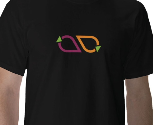 model in black t-shirt with Edible Economy icons on the front chest