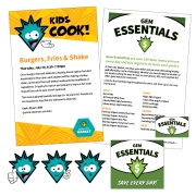 two half-sheet flyers and accompanying shelf signage for kids class programming, and low-cost Essentials program