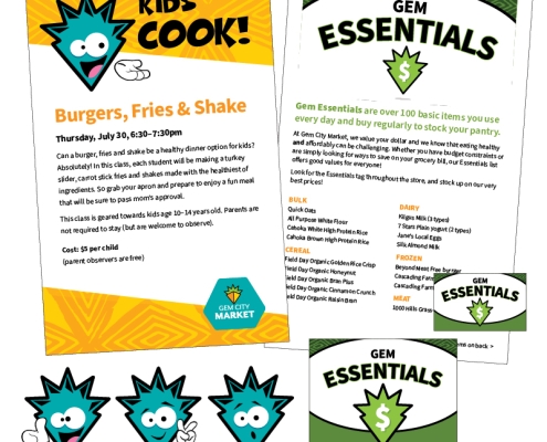 two half-sheet flyers and accompanying shelf signage for kids class programming, and low-cost Essentials program