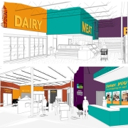 interior store renders of Gem City Market with bold colored department cornices, lettering, and graphic patterning.