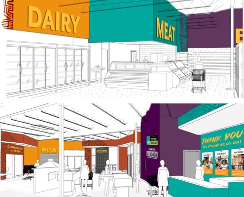 interior store renders of Gem City Market with bold colored department cornices, lettering, and graphic patterning.